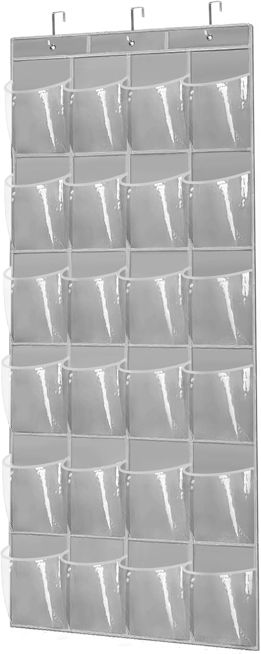Over The Door Shoe Organizer - Space Saving Shoe Rack for Closet Door with 24 Pockets and Hook, Shoe Holder Back of Door Organizers for Shoes, Gray Hanging Shoe Organizer (Gray)-NeatNest