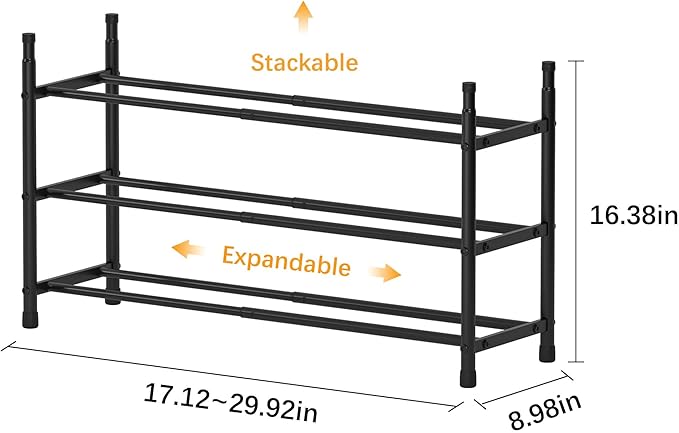 TZAMLI 3-Tier Shoe Rack for Closet, Expandable and Stackable Shoe Organizer Adjustable Metal Shoe Storage Small Shoe Shelf for Entryway Entrance, Black-NeatNest