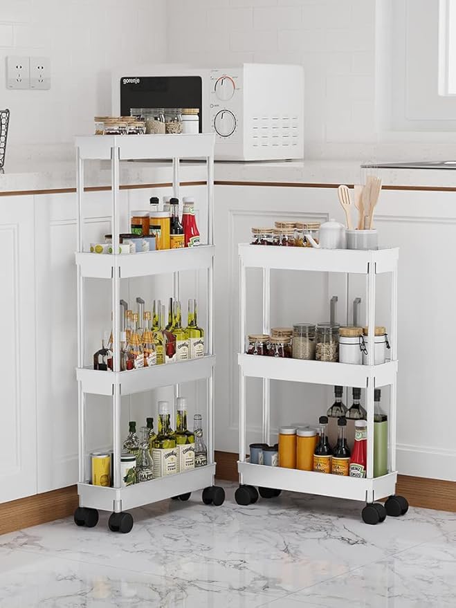 Sooyee 4 Tier Slim Storage Cart Mobile Shelving Unit Organizer Slide Out Storage Rolling Utility Cart Tower Rack for Kitchen Bathroom Laundry Narrow Places, Plastic & Stainless Steel,White
