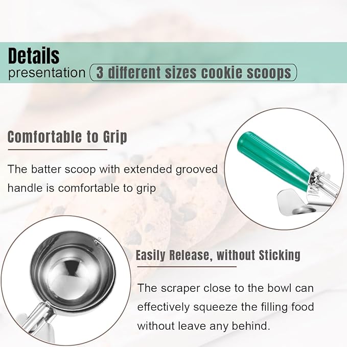 Cookie Scoop Set, Ice Cream Scoop Set, Cookie Scoops for Baking, Multiple Size Large-Medium-Small Size Disher, Professional 18/8 Stainless Steel Cupcake Scoop-NeatNest