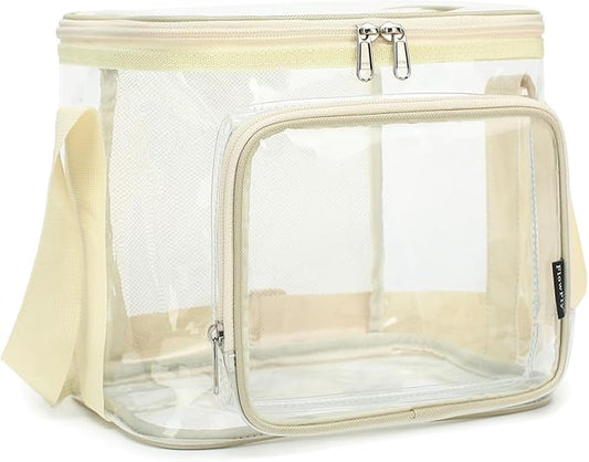FlowFly Insulated Reusable Lunch Bag Adult Large Lunch Box for Women and Men with Adjustable Shoulder Strap,Front Zipper Pocket and Dual Large Mesh Side Pockets,Clear#Biege-NeatNest