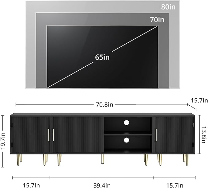 71" TV Stand for 50/60/70/80 inch TV, Modern TV Stand for 75+ inch TV, Entertainment Center for Up to 80" TV, TV Media Stand with Storage Cabinet for Living Room, Bedroom, Black-NeatNest