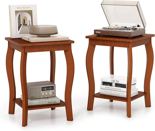 GOFLAME 2-Tier Square End Table Set of 2, Mid-Century Modern Sofa Side Table with Storage Shelf, Solid Wood Legs, Compact Accent Table, Nightstand for Living Room, Bedroom, Small Space, Walnut