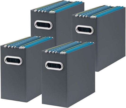 Oterri File Organizer, Small Storage Box, Cardboard File Folder Organizer, Collapsible File Box, Hanging File Organizer for Letter Size, Portable File Box with Handle, Only Box (Dark Grey,4 Packs)
