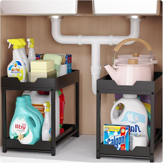 2 Packs Under Sink Organizers, 2 Tier Bathroom Organizers and Storage, Pull Out Cabinet Organizer Shelf, Metal Sliding Drawer for Kitchen Pantry Cabinet Closet Organization Rack (Black, 2 Pack)