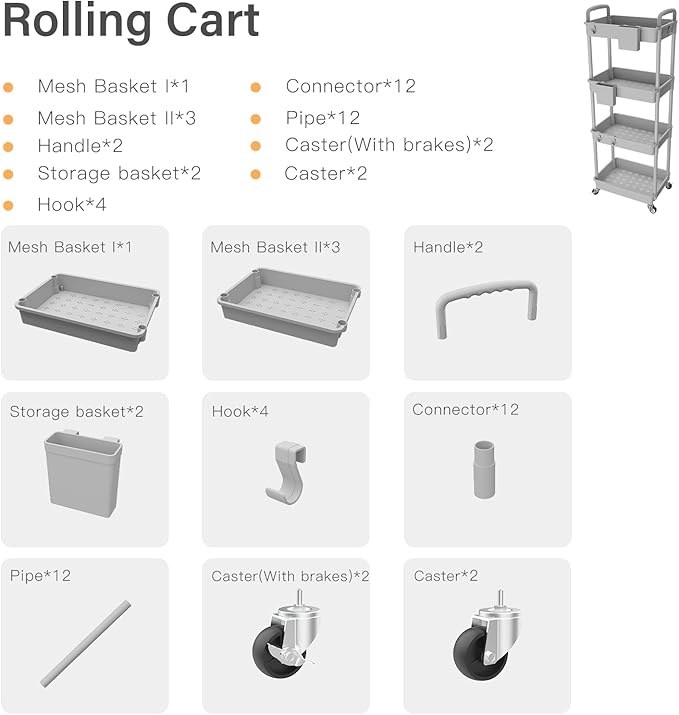 4 Tier Rolling Utility Cart with Handle,REBECAT Utility Cart Made of Multifunctional Storage Organizer Tool for Kitchen,Bathroom,Living Room,Office(Gray)-NeatNest
