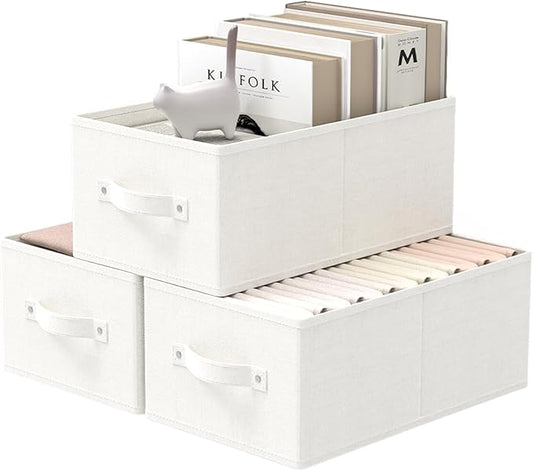 Fabric Storage Boxes for Shelves, 3 Pack Foldable Cloth Bins, Closet Organizers System with 2 Handles, Durable and Sturdy, Saving Space, White & Ivory, 16.1 x 9.8 x 6.5 In, XSNY11WM-3-NeatNest