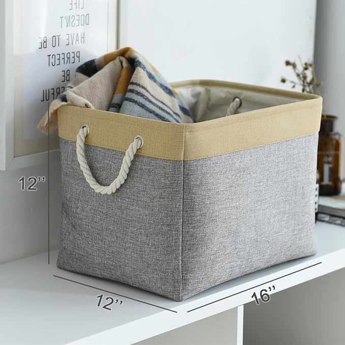 TheWarmHome Storage Basket for Organizing - Fabric Large Cubes 3 Pack 16x12x12 inch Baskets, Cube Storage Bin for Shelves Organizer Closet Cloth Gift Toy (Gold & Grey)-NeatNest