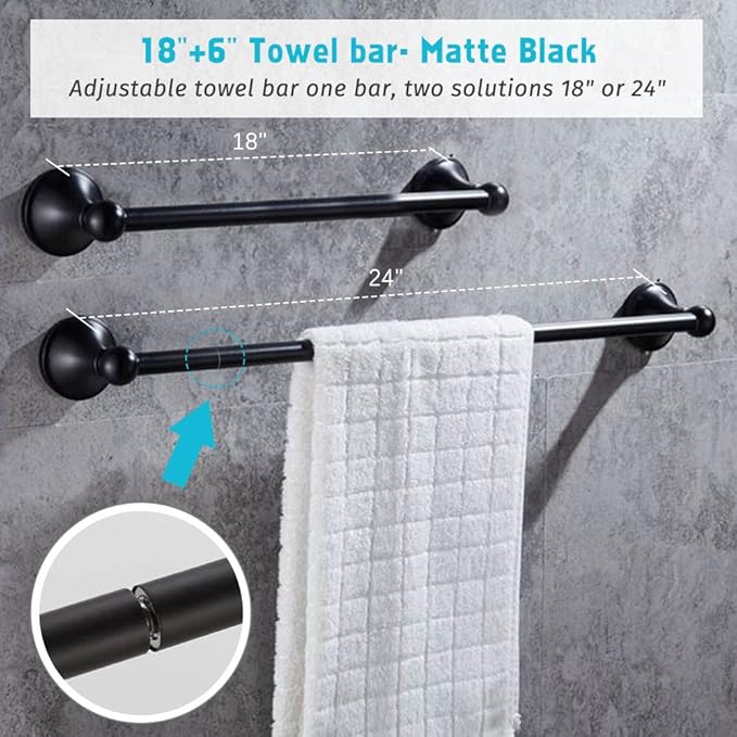 4 Piece Bathroom Accessory Set(Adjustable Towel Bar, Towel Ring, Toilet Paper Holder,Towel Hook), Wall Mounted Bathroom Hardware Accessories Set,Matte Black