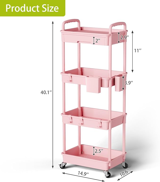 4 Tier Rolling Cart Organizer,Art Craft Diaper Bedside Snack Laundry Room Bathroom Organizer Narrow Thin Slim Rolling Trolley Utility Cart with Wheels for Kitchen,Office(Pink)-NeatNest