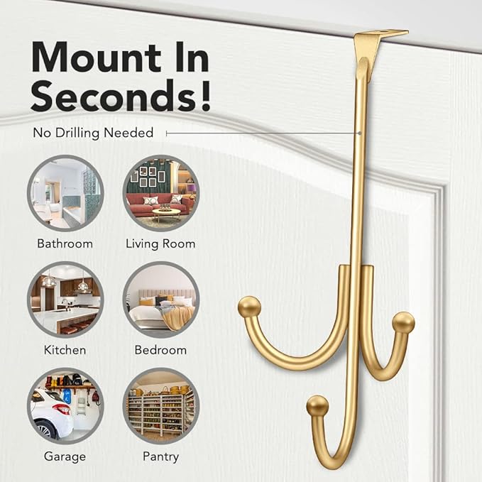 2-Pack Over The Door Hook - with 3 Hang Heads & Snug Fit Pads- 2Pcs Heavy Duty Hooks for Hanging Coats, Towels, Caps & Robes - Elegant Matt Finish - No Drill Hanger Organizer - Gold