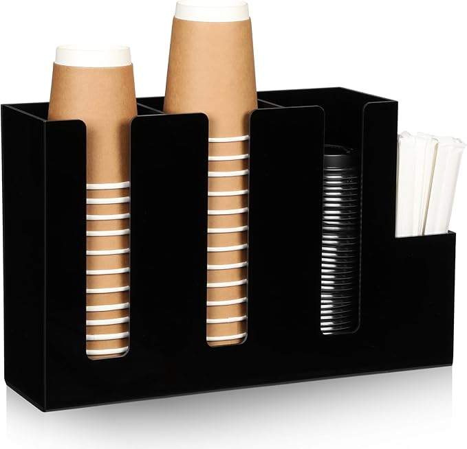 4 Compartments Acrylic Coffee Cup and Lid Storage Organizer Holder Disposable Paper Cup Dispenser Organizer Plastic Lid Holder Accessories for Kitchen Bar Shop Party Supplies(Black)