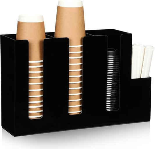4 Compartments Acrylic Coffee Cup and Lid Storage Organizer Holder Disposable Paper Cup Dispenser Organizer Plastic Lid Holder Accessories for Kitchen Bar Shop Party Supplies(Black)