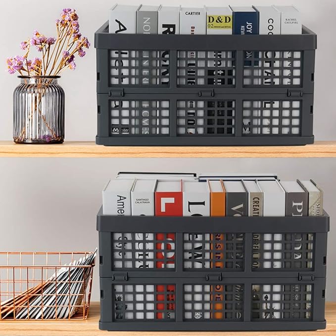 Ggbin 34 Liter Folding Plastic Containers, Grey Plastic Crate, 2 Packs