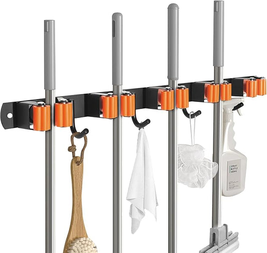 Gorlary Mop and Broom Holder Wall Mount, Broom Hanger Organizer Storage Racks, 17" SUS304 Stainless Steel Heavy Duty Utility Hooks, Black (5 Racks and 4 Hooks)-NeatNest