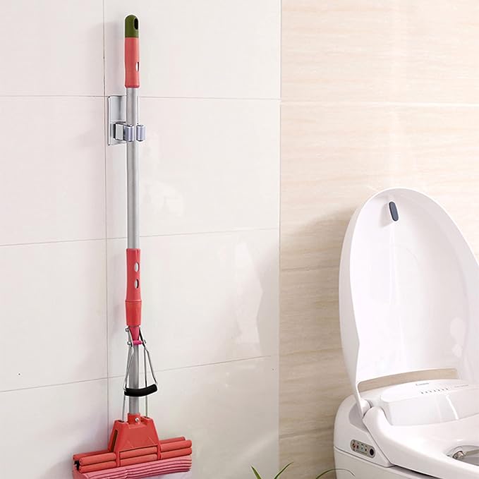HANZE 4 Pack Stainless Steel Mop Broom Holder Organizer, Self Adhesive Wall Mounted Mop Organizer Storage Rack Clip for Kitchen Bathroom and Garage (Rectangle, Large)-NeatNest