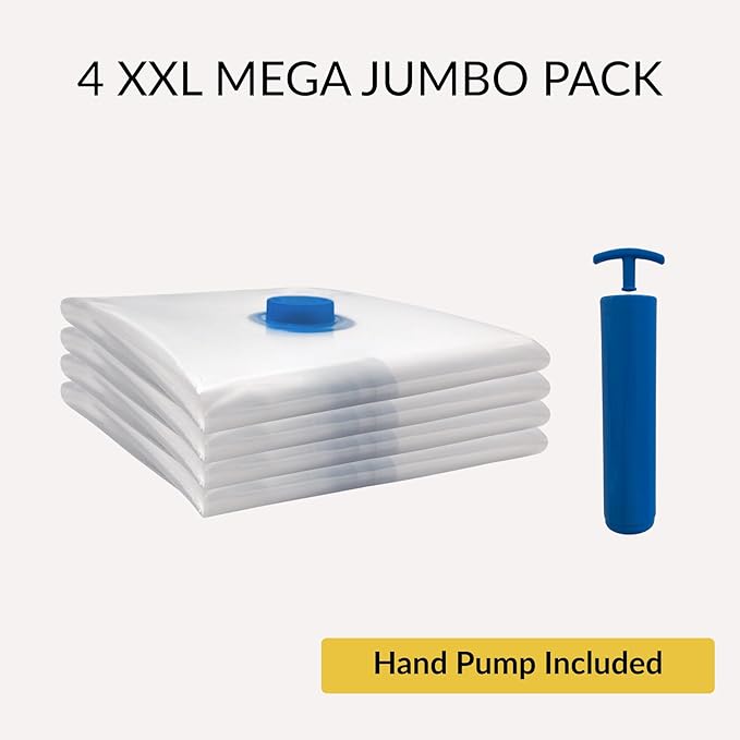 4 Mega Jumbo XXL Vacuum Storage Bags with Pump (47x35in), Supersized Compression Space Saver for Comforter, duvet, Bedding, Blanket storage, Vacuum Seal Bags for Clothing, Stuffed Toy, Cushions-NeatNest