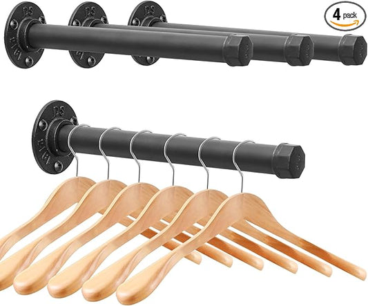 Cast Iron Wall Mounted Clothes Rack, Heavy Duty Industrial Pipe Clothing Rack for Hanging Clothes, Garment Racks for Wardrobe Organizers and Storage, DIY Closet Rods Closet Bar (Black 4 Pack, 12 in)-NeatNest