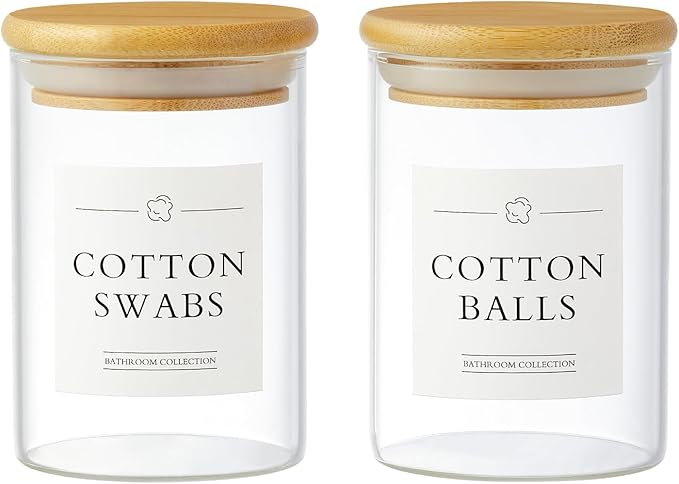 2 Pack Qtip Holder Dispenser - Glass Apothecary Jars with Lids, Cotton Ball Pad Swab Round Holder, Bamboo Bathroom Accessories, Bathroom Organizers Containers Jars Canisters with Lids-NeatNest