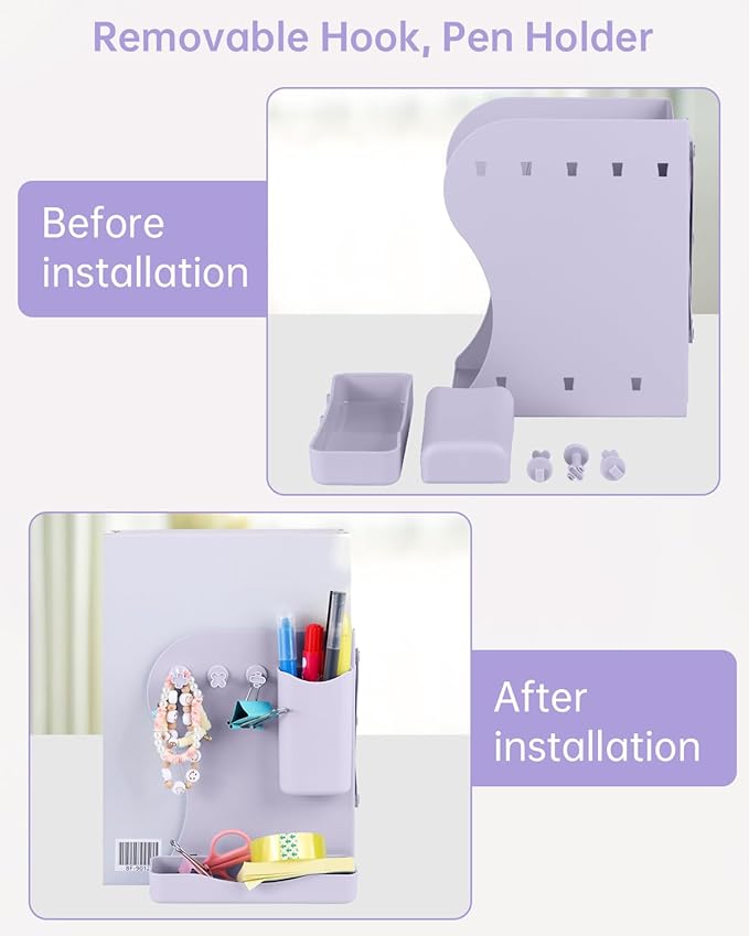 Honagu Adjustable Bookends, Metal Book Ends for Shelves Heavy Book, Desk Magazine File Organizer for Home, Office, Books, Papers with Removable Hook, Pen Holder（Light Purple）