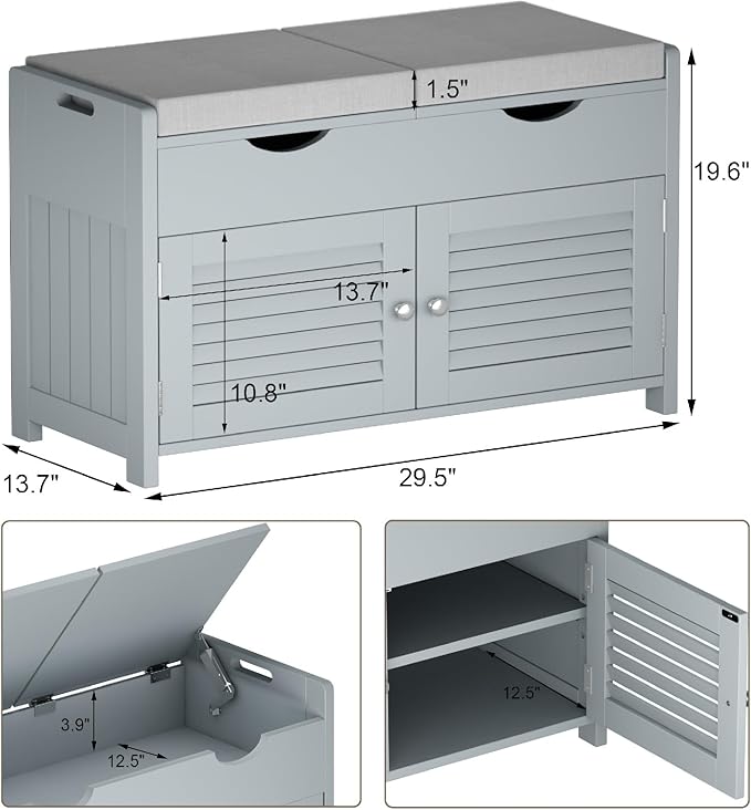 ChooChoo Shoe Storage Bench with Lift Top Storage, Entryway Bench with 2 Cushioned Seats, 3 Compartments, Adjustable Shelf, Shoe Cabinet for Entryway, Bedroom, Living Room, Grey-NeatNest