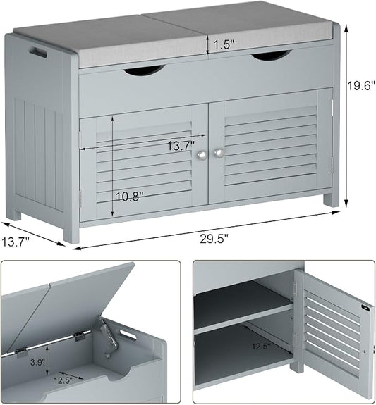 ChooChoo Shoe Storage Bench with Lift Top Storage, Entryway Bench with 2 Cushioned Seats, 3 Compartments, Adjustable Shelf, Shoe Cabinet for Entryway, Bedroom, Living Room, Grey-NeatNest