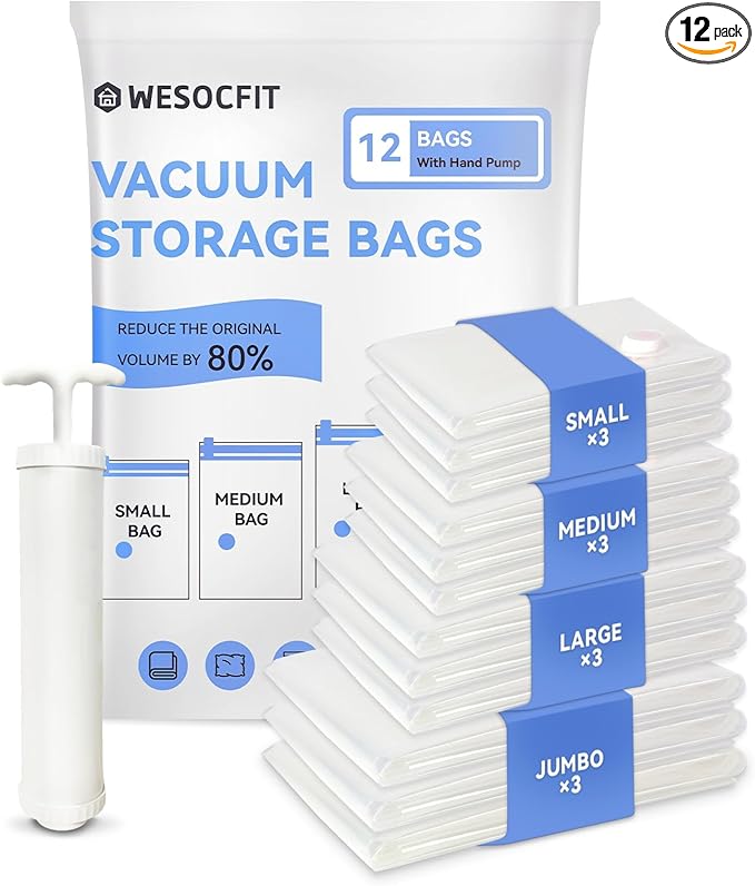 12 Pack Vacuum Storage Bags with Hand Pump, (3 Small, 3 Medium, 3 Large, 3 Jumbo) Vacuum Seal Bags for Clothing, Space Saver Bags for Travel, Luggage Compression Packing