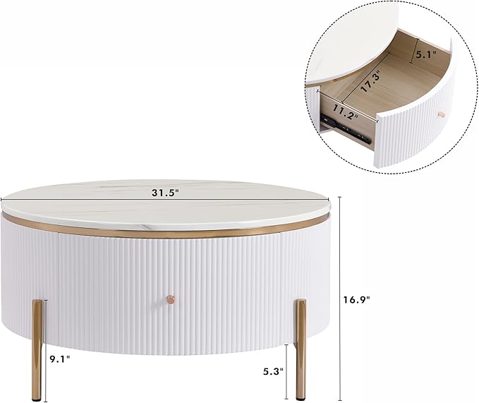 31.5" Modern Round Coffee Table with 2 Large Drawers Storage Accent Table Multiple End Tables Center Table Sofa Table Utility Table for Living Room Office Bedroom Balcony, White & Gold