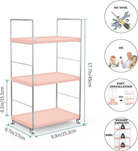 Cosmetic Storage Rack for Bathroom Countertop, 3-Tier Standing Shelf for Kitchen Organizer, Stackage Perfume and Bath Collection Organizer Tray (Pink&Silver)-NeatNest