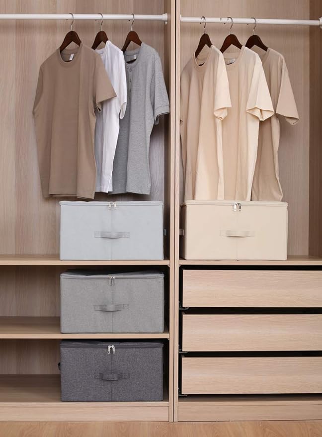 Collapsible Rigid Storage Bins with Lid, Shelves Clothes Storage Cubes, Tide Up Your Wardrobe, Beige, Set of 2-NeatNest