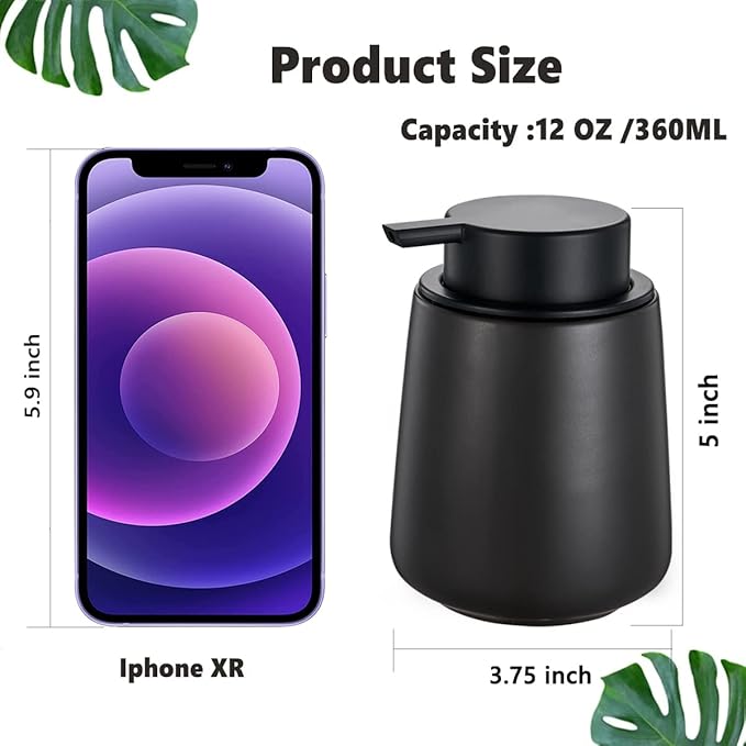 12Oz Black Soap Dispenser Set - Ceramic Lotion Hand Soap Dispenser Set with Easy-to-Press Black Pump, Refillable Mordern Liquid Dish Soap Dispensers for Bathroom & Kitchen, 2 Pack-NeatNest