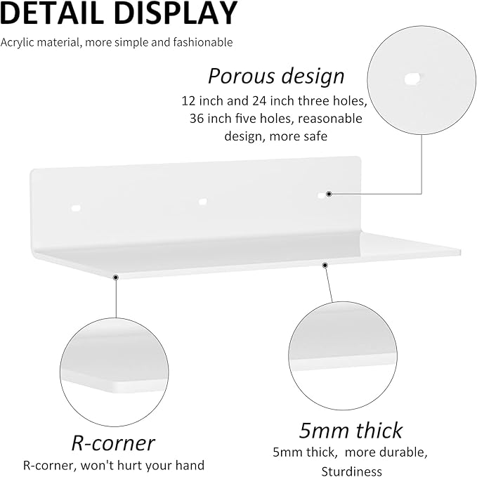 12 24 36 Inch White Wall Shelves, Long Shelf for Wall, Wide Acrylic White Floating Shelf for Living Room, Bedroom, Bathroom, Office-NeatNest