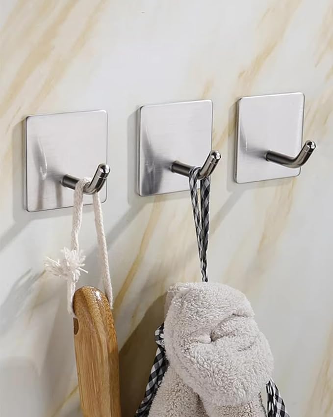 8 Pack Adhesive Wall Hooks, Self-Adhesive Hooks for Bathroom, Door Back Stick-On Towel Hooks, Hanging Coat Hat Key Washcloths Aprons Oven Mitts for Kitchen Shower Garage Home, Silver