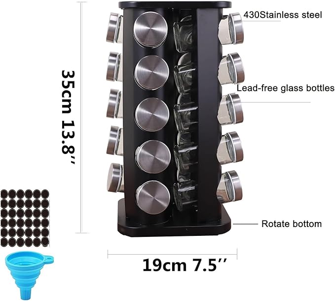 Spice rack-Revolving Spice Rack Set, Kitchen Spice Tower Organizer for Countertop or Cabinet -Desktop Rotating Seasoning Organizer(Stainless Steel) (Black, SquareHead_20Jars)