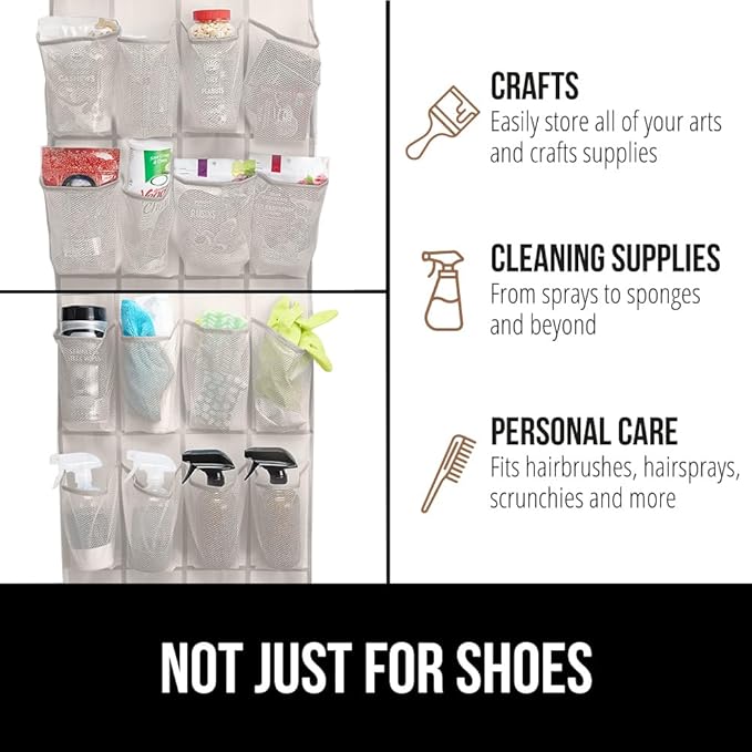 GORILLA GRIP Over the Door Shoe Organizer, 24 Large Breathable Mesh Pockets, Space Saving Hanging Storage Holder, Closet Rack Hanger Holds Up to 40 lbs, Hangs on Closets for Shoes, Accessories, Linen-NeatNest