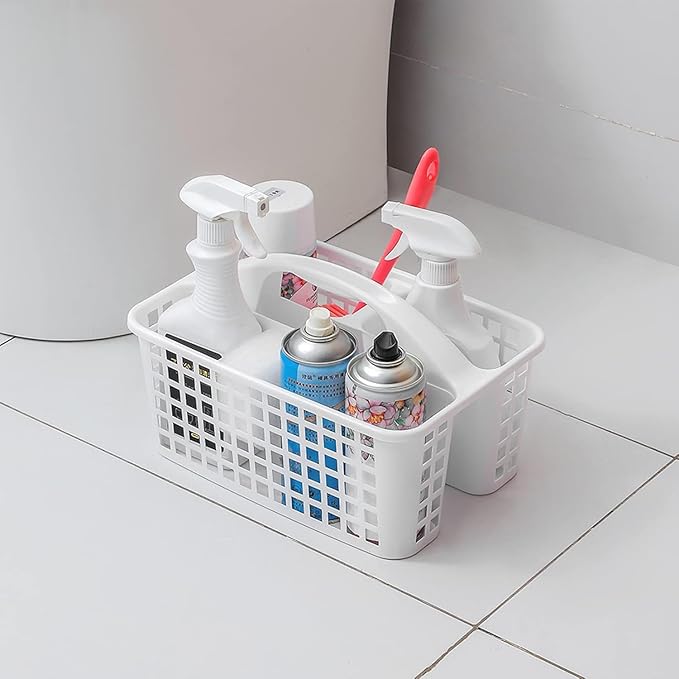 Portable Shower Caddy Basket,Convenient Cleaning Supplies Organizer with Compartments and Handle,Ideal for Bathroom, Bedroom, Kitchen, College Dorm,Garden,etc.12.4" x 7.4" x 5.1"white