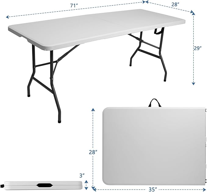 6 ft Foldable Plastic Table for Display, Camping, Party, Dining, Barbecue, Picnic with Carrying Handle - White-NeatNest