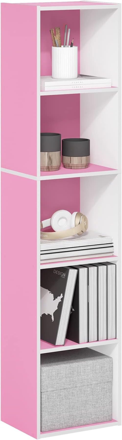 Furinno Luder Bookcase / Book / Storage, 5-Tier Cube, Pink/White-NeatNest