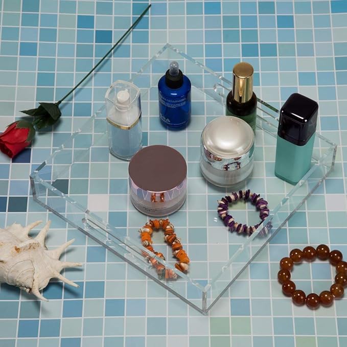 Clear Sturdy Acrylic Serving Tray with Handles - 10x10Inch - Coffee, Appetizer, Breakfast, Butler Tray - Kitchen Countertop & Vanity Table Organizer-NeatNest