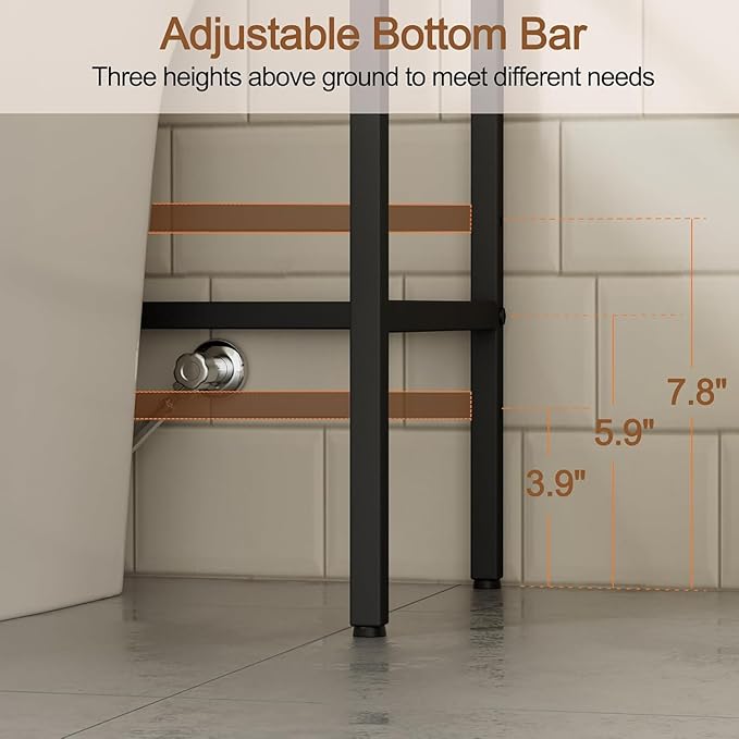 Homhedy 4-Tier Over The Toilet Storage with 4 Hooks and Paper Holder, Space Saving, Bathroom Organizer with Adjustable Feet, Metal Frame and Wooden Shelf,Rustic Brown and Black