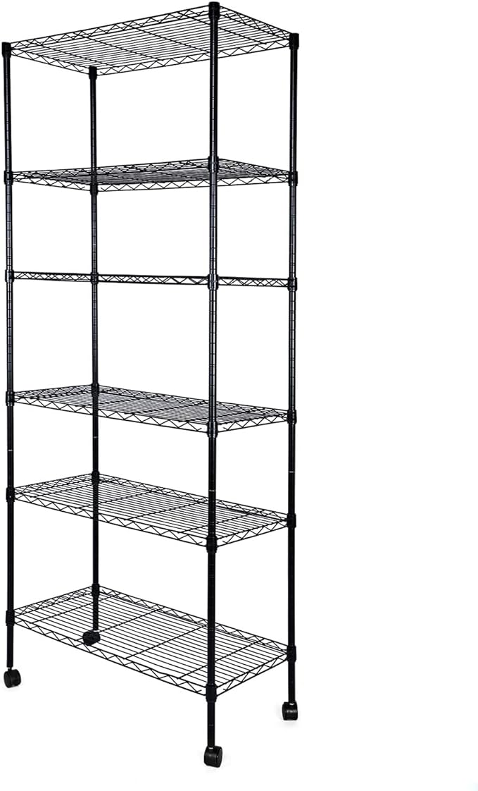 HealSmart Heavy Duty 6-Tier Shelving Units Adjustable, Wire Shelf with 1000 lbs Capacity (250 per Shelf), 77cm D x 36.5cm W x 21.5cm H, Black, 6 Levels, Storage Shelf with Wheels & Leveling Feet