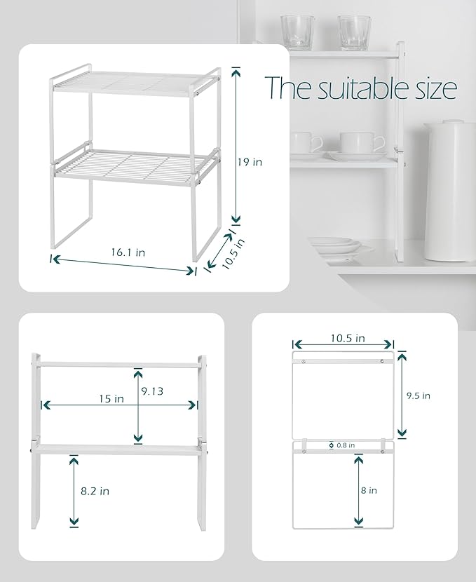 2Pack Kitchen Cabinet Shelf Counter Organizer Rack Pantry Storage Bathroom Bedroom Office Table Desk Space Saving Stackable Rust Resistant Non Slip White Tall Wide L16.1in W10.6in H9.5in-NeatNest