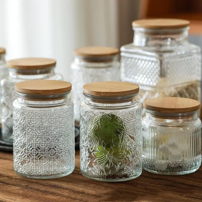 2 Pack Glass Storage Jar with Bamboo Lid, 23.7 FL Oz Kitchen Glass Food Storage Containers for Candy, Coffee Tea Beans, Oats,Flour, Grains