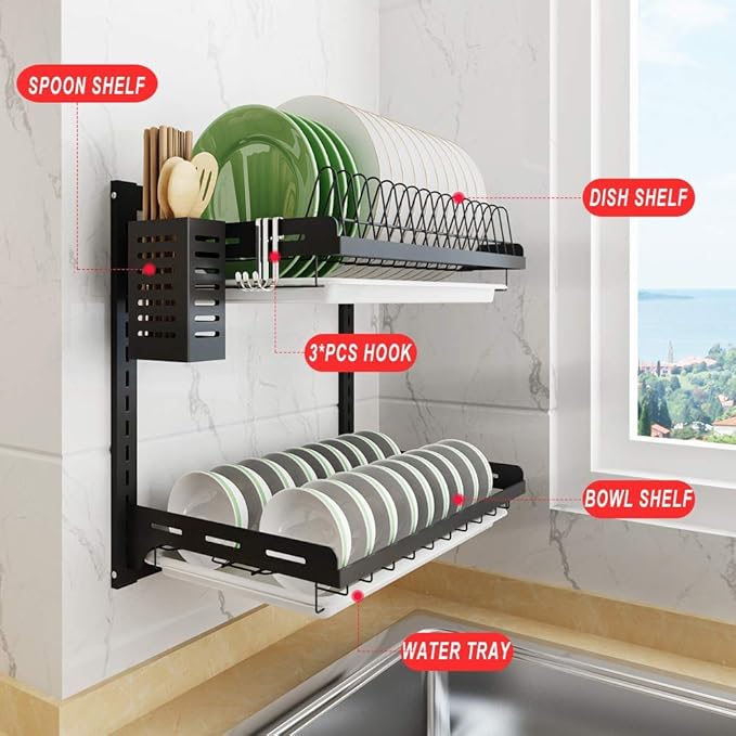 junyuan Kitchen Dish Rack,Hanging Dish Drying Rack Organizer Storage Shelf Over Sink,2 Tier Wall Mount Bowl Holder with Drain Tray and Silverware Stainless Steel Black Coating Ajustable Height