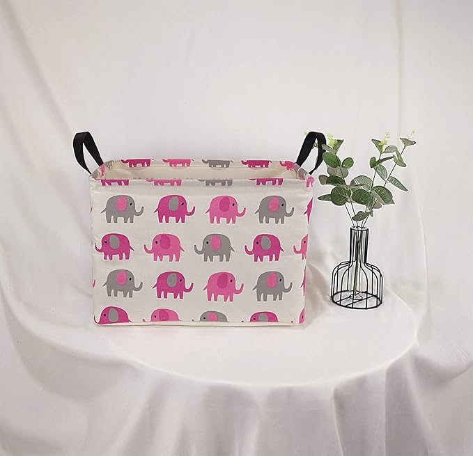 Elephant Print Rectangular Storage Bin Shelf Basket Canvas Fabric Toy Box,Waterproof Coating Nursery Hamper with Handles,Gift Basket for Home,Office,Clothes,Books(pink grey elephant)