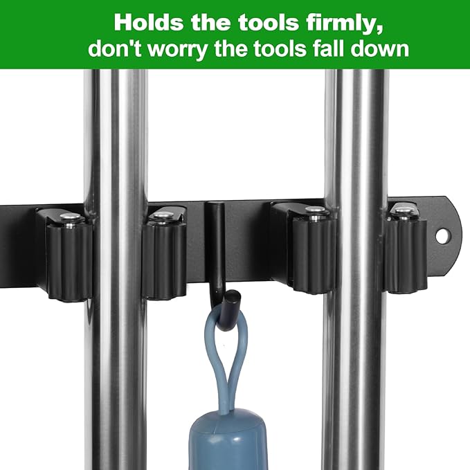 voze 5 Racks and 4 Hooks Mop and Broom Holder Wall Mount, Self Adhesive Heavy Duty Broom Hanger Organizer Storage Tool Racks for Kitchen Garden Laundry Garage Black-NeatNest