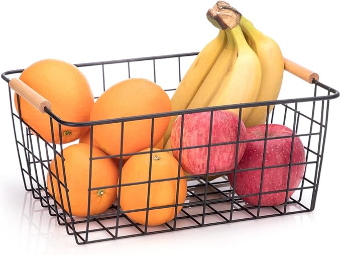 Metal Wire Food Storage Basket Organizer with Wooden Handles for Organizing Kitchen Cabinets, 4 Packs-Black-NeatNest