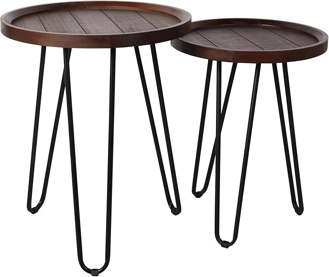Oakrain Walnut Nesting Tables, Set of 2 - Small Round Farmhouse End Tables, Coffee Table, Hallyway