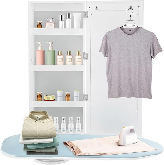 Ironing Board Cabinet Wall Mounted Storage Cabinet, Foldable Ironing Storage Station with Mirror, Built-in Rotating Ironing Board with Storage
