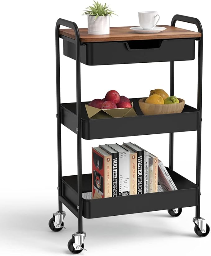 3 Tier Rolling Cart with Drawer, Metal Utility Cart on Wheels Storage Cart with Wood Top, Kitchen Cart Art Cart Organizer for Bathroom Office Balcony Living Room-NeatNest